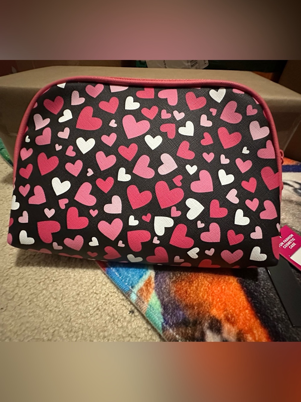 Heart Pattern Cosmetic Bag - Pink & White Hearts on Black